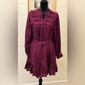 Cleobella Maroon Lattice Detail Organic Cotton Mini Dress XS Party ready.  C21